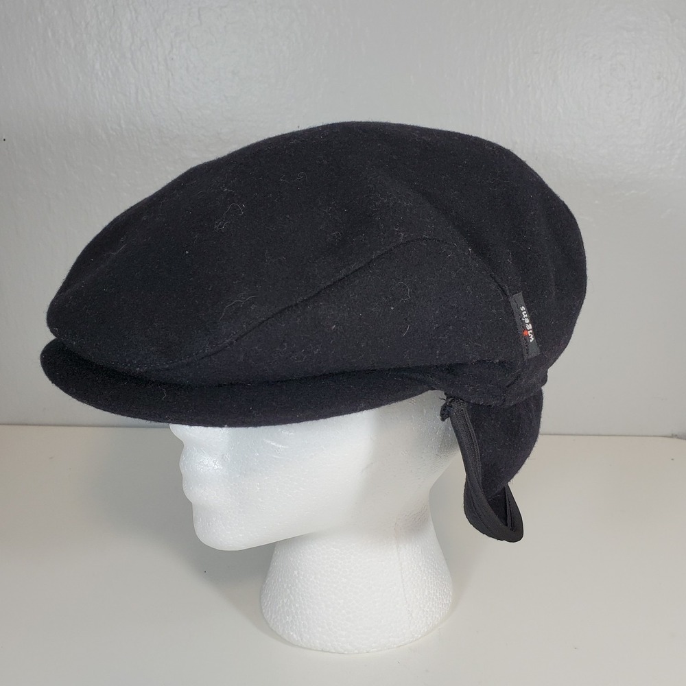Wigens Melton Wool Twill Cap Black Size 58 Ear Flaps Newsboy Driver Cabby Hat